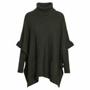 Design Lab Lord & Taylor Turtle Neck Knitted Ribbed Trim Pocho Sweater Green XS